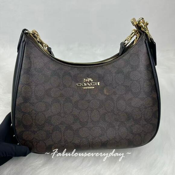 Coach Teri Hobo Bag Crossbody In Signature Canvas/Gold/Walnut/Black CV940 NWT - Picture 2 of 11